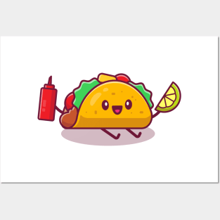 Cute Taco Holding Lemon And Sauce Posters and Art